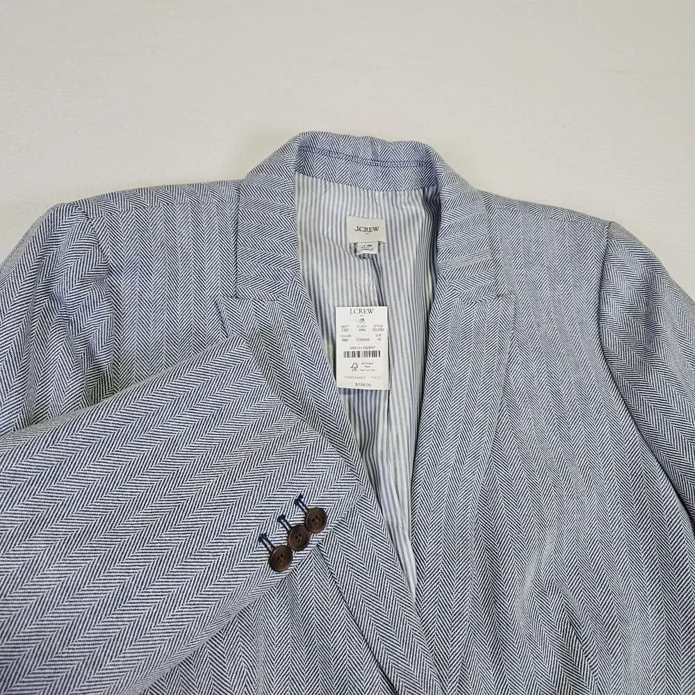 J.Crew Herringbone Blazer Women 16 Cotton Linen Blue White Preppy Academia CL240
